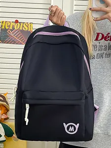 Large capacity black student backpack with purple zippers and minimalist design