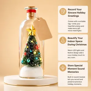 Detail view of festive LED Christmas tree in a glass bottle with sound recording features