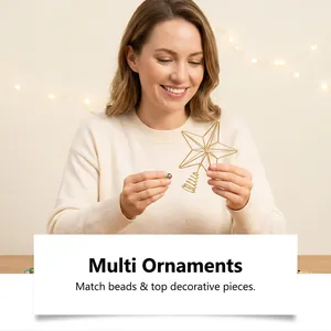 Woman assembling DIY beaded Christmas tree kit with gold star and colorful glass beads