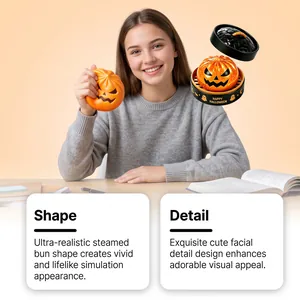 Detailed close-up of a realistic pumpkin squishy toy with a cute jack-o-lantern face.