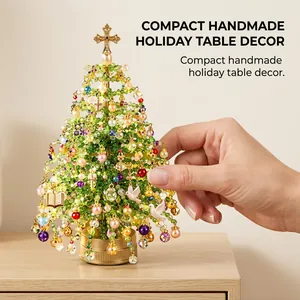 Detailed close-up view of a handmade glass beaded Christmas tree DIY holiday kit
