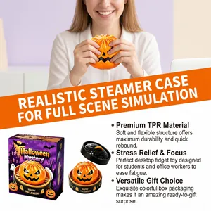 Detailed features of TPR Halloween pumpkin stress relief fidget toy in steamer case