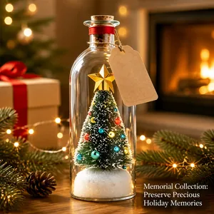 Close-up of a miniature Christmas tree inside a decorative glass wish bottle ornament
