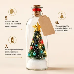 Detail showing a light-up miniature Christmas tree inside a glass wishing bottle.
