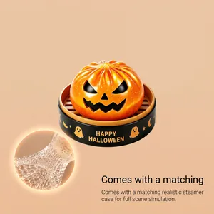Close-up detail of realistic Halloween pumpkin squeeze toy in black steamer case