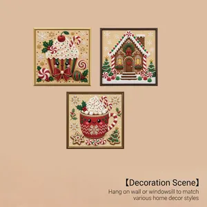 Tres pinturas de diamantes de Navidad con diseños festivos de cupcakes y casa de jengibre.