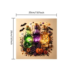 Detailed view of 20x20cm Halloween DIY diamond painting with 3D glowing potion bottles