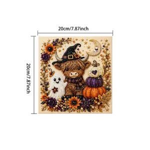 Dimensioni dettagliate del kit pittura diamante mucca di Halloween misura 20x20cm.