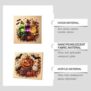Detailed view of Halloween DIY diamond painting kit showing wood and acrylic materials.
