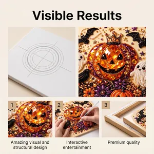 Detailed views of Halloween DIY diamond painting kit showing 3D pumpkin and ghost designs