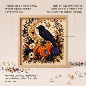 Dettaglio del quadro 3D con diamanti a tema Halloween con corvo su una zucca