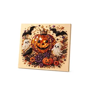 Halloween DIY diamond painting kit featuring 3D pumpkin and ghost wall art decor