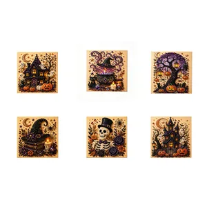 Set de 6 kits de pintura con perlas Halloween DIY con casa encantada y motivos de calabaza