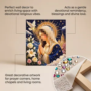 Detail of 5D religious diamond painting kit showing sparkling beads and canvas.