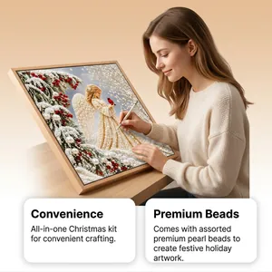 Woman crafting a DIY 3D Christmas angel pearl diamond painting kit with premium beads.