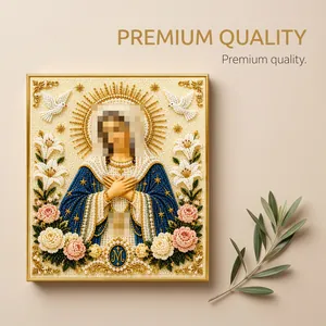 Intricate detail of religious DIY diamond painting art set decorated with pearls and beads