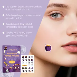 Detailweergave van JAYSUING Halloween-pukkelpleisters met vier producteigenschappen.