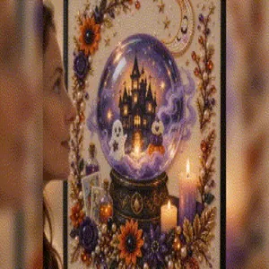Detail view of a Halloween DIY pearl art kit with a ghost and haunted house design