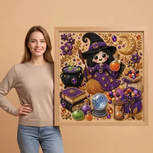 Halloween DIY Pearl Diamond Art Kit with Wooden Frame Cartoon Witch Cat Owl Bat Pumpkin Decorative Wall Painting for Home Decor