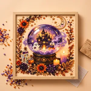 Close-up of Halloween pearl art kit with haunted castle and ghost design in wooden frame