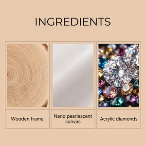 Detailed view of materials for DIY diamond art kit featuring wood frame and canvas.