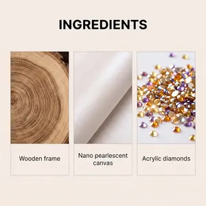 Details of components including wooden frame, pearlescent canvas, and acrylic diamonds