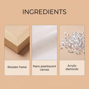 Detail of DIY diamond art kit components: wooden frame, pearlescent canvas, and acrylic gems