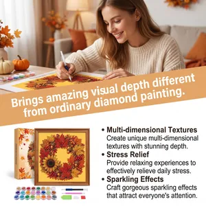 Autumn wreath DIY diamond art kit with frame, beads, and tools for stress relief