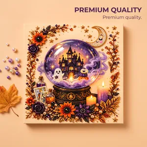 Intricate Halloween pearl art design featuring a ghost and haunted castle in a crystal ball