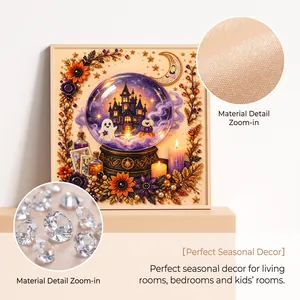 Close-up detail of canvas texture and sparkling rhinestones for Halloween DIY pearl art