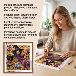 Happy woman creating DIY Halloween witch diamond art with mixed pearls and gems