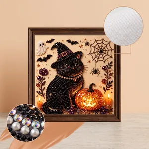 Macro detail of DIY Halloween diamond art kit with 3D texture beads and canvas weave