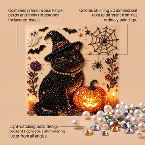 Detail of 3D Halloween pearl diamond art showing shimmering texture of black cat and pumpkin