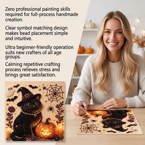 Detailed view of a DIY Halloween diamond art kit with 3D bead texture and cat motif.