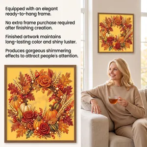 Detail view of DIY autumn pumpkin pearl diamond art kit with elegant ready-to-hang frame
