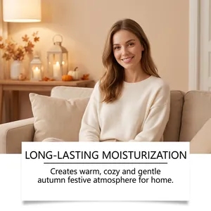 Cozy autumn festive home atmosphere with Halloween ghost DIY decor and a smiling woman.