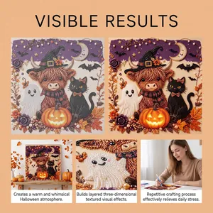 Detailed view of 3D pearl diamond art kit with whimsical Halloween cow and cat design.