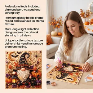 Detail view of DIY Halloween gnome pearl art kit showing 3D texture and tools.