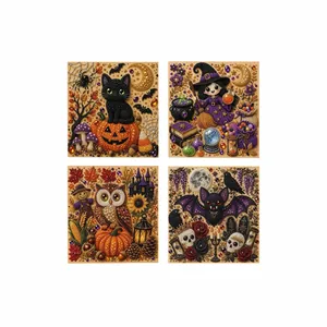 Spooky Halloween DIY diamond art painting kit featuring cat owl witch and bat designs
