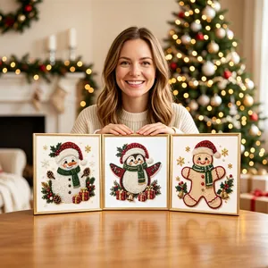 DIY Christmas Pearl Diamond Painting Kit With Wooden Frame Snowman Penguin Gingerbread Man 3D Mosaic Art Set Xmas Decor