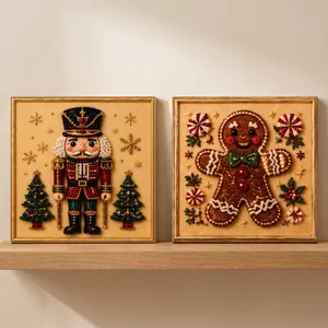 Christmas DIY Pearl Painting Art Kit With Wood Frame 3D Acrylic Rhinestone Nutcracker Gingerbread Man Wall Decoration Gift