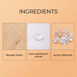 Detailed view of DIY diamond painting ingredients: wood frame, canvas, and acrylic diamonds