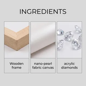 Details of diamond painting kit including wooden frame, nano-pearl canvas and acrylic diamonds