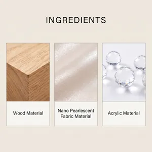 Detailed view of DIY kit materials including wood, pearlescent fabric, and acrylic beads.