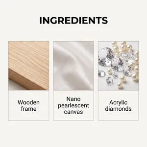Close-up of materials for DIY pearl painting kit including wooden frame and canvas.