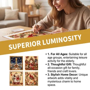 Lifestyle detail showing four festive diamond painting designs with a woman crafting at home