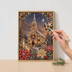 Close-up detail of a Christmas church pearl diamond art painting with a point drill pen tool