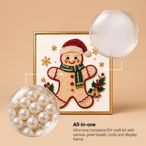 Close-up detail of DIY Christmas pearl craft kit showing canvas texture and beads.