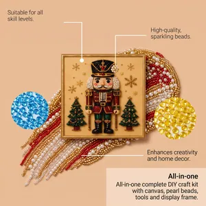 Detail view of DIY Nutcracker pearl painting kit with gold frame and sparkling beads.