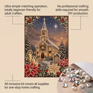 DIY Christmas pearl diamond painting kit featuring a festive church scene with rhinestones.